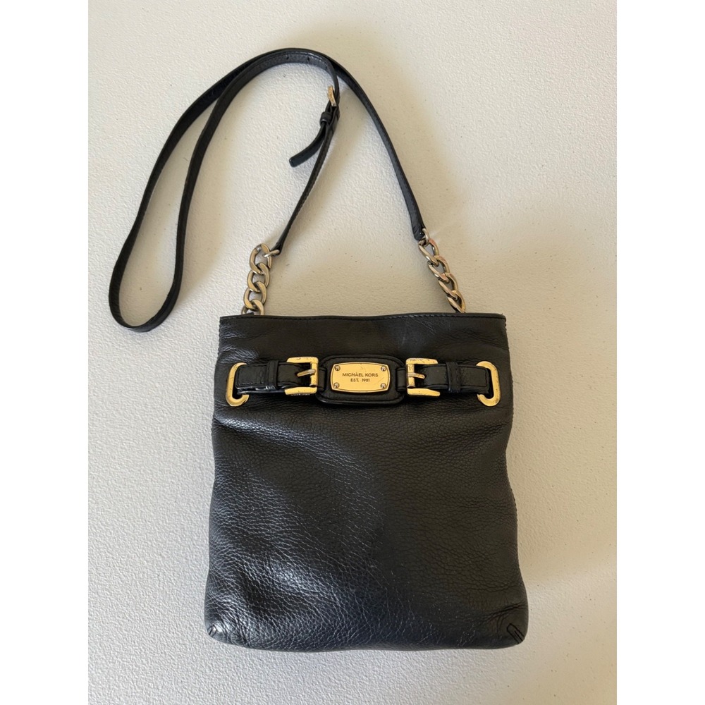 Michael Kors Black Pebbled Leather Shoulder Bag Chain Strap Gold Hardware